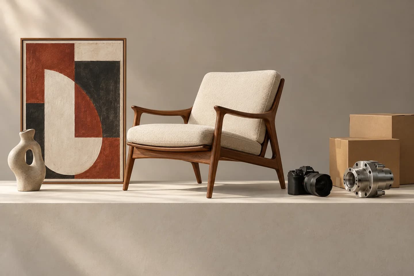 Arte, ceramica, una poltrona di design, una fotocamera e componenti industriali.